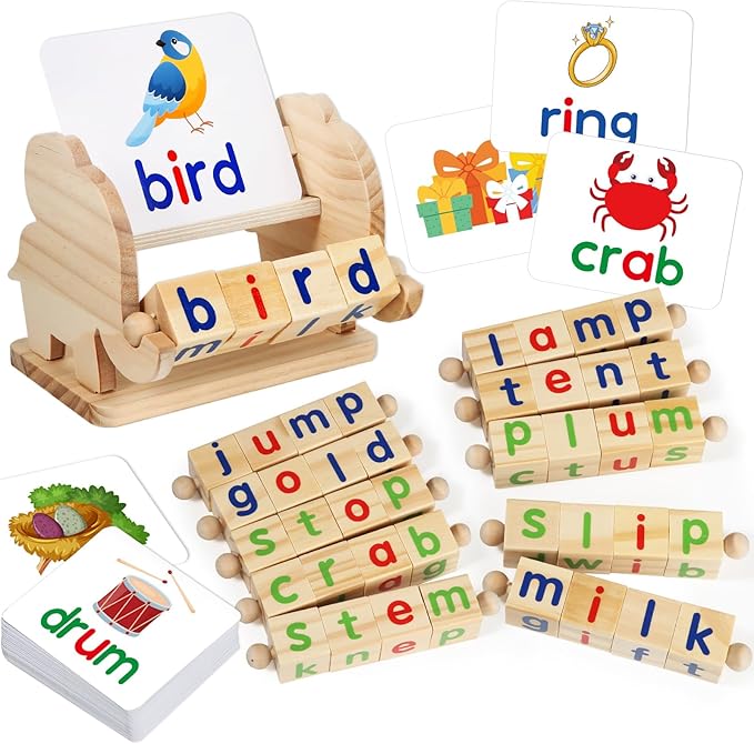 Montessori Learning and Educational Toys Gifts for Kids 3 4 5 Years, Wooden Reading Blocks Toys, Preschool Kindergarten Learning Activities, Turning Rotating Matching Flash Card Games