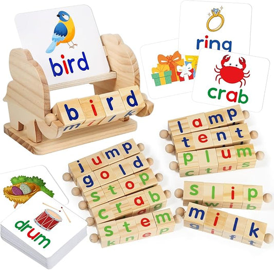Montessori Learning and Educational Toys Gifts for Kids 3 4 5 Years, Wooden Reading Blocks Toys, Preschool Kindergarten Learning Activities, Turning Rotating Matching Flash Card Games