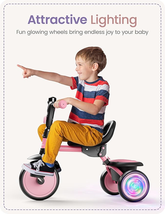besrey Colorful Lighting Toddler Tricycle for Ages 18 Months to 5 Years, Toddler Bike with Bell, Kids Tricycle, Gift for 2-5 Year Olds, Toy for Boys and Girls, Tricycle for Toddlers, Pink