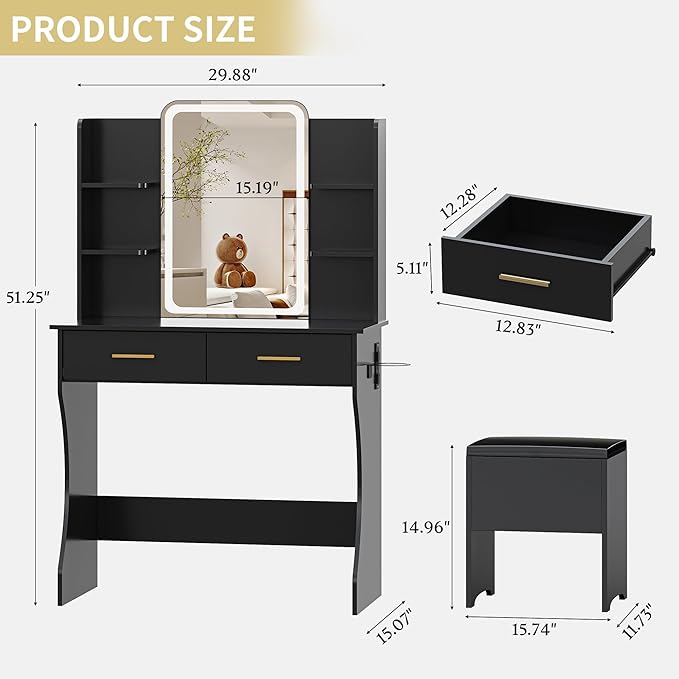 Small Vanity Desk with Mirror and Lights, Makeup Vanity Table Set with 3 Lighting Modes & Adjustable Brightness, Power Outlet, Storage Drawers, Cushioned Stool, Dressing Table for Women Girls