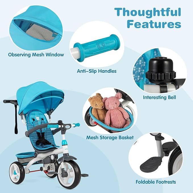 Costzon Tricycle for Toddlers, 6 in 1 Trike w/Parent Handle, Adjustable Canopy, Storage, Safety Harness & Wheel Brakes, Baby Push Tricycle Stroller for Kids Boys Girls Aged 9 Month-5 Years Old, Blue