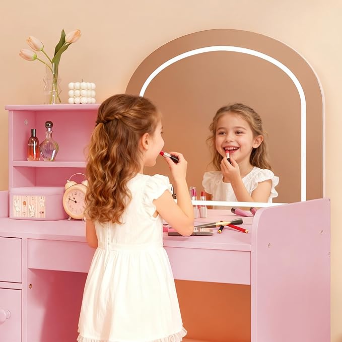 Gizoon Kids Vanity Desk with Mirror and Lights, Todder Vanity Table and Chair Set with 2 Tier Open Shelves Drawer and Cabinet, Kids Makeup Vanity for Little Girl, Pink