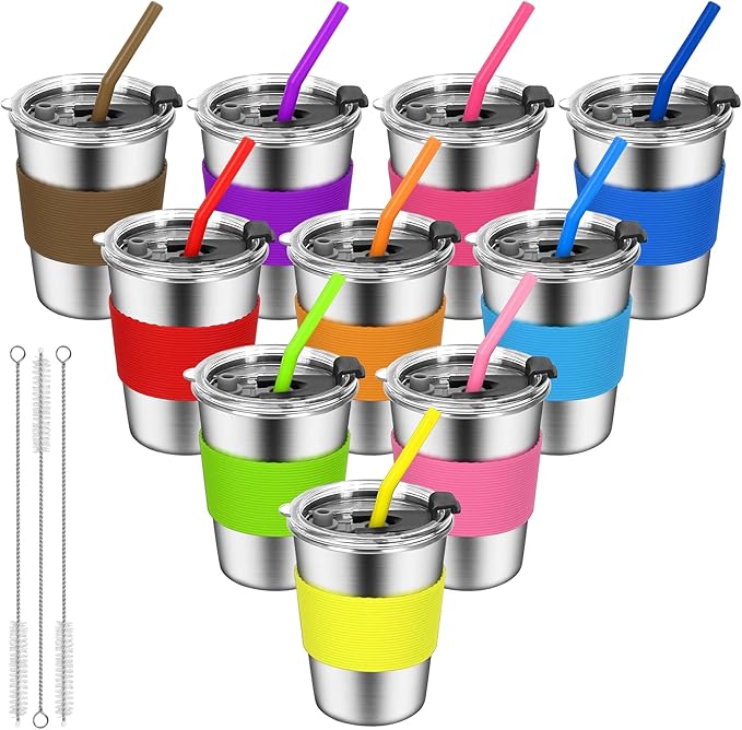 ShineMe Toddler Cups With Straws Spill Proof, 12oz Reusable Stainless Steel Cups with Straws, Lids, and Colorful Silicone Sleeves, Unbreakable Kids Cups for Milk, Water, Snacks...(10pack)
