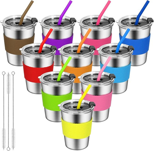ShineMe Toddler Cups With Straws Spill Proof, 12oz Reusable Stainless Steel Cups with Straws, Lids, and Colorful Silicone Sleeves, Unbreakable Kids Cups for Milk, Water, Snacks...(10pack)