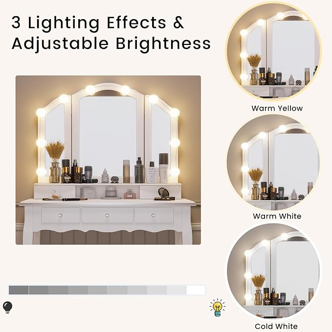 Tiptiper Makeup Vanity with Lights, Vanity Desk with Lighted Mirror and Stool, Vanity Table Set with 5 Drawers, 3 Light Settings, Adjustable Brightness, White
