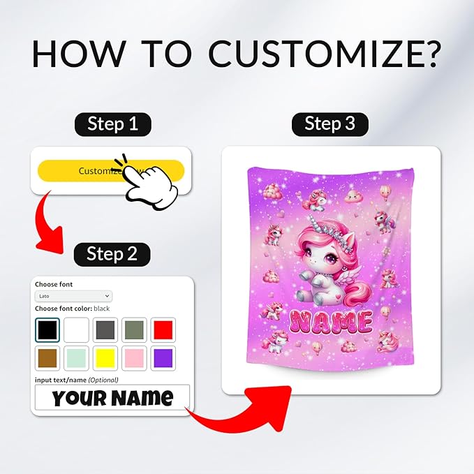 Unicorn Blanket for Girls - Personalized Kids Blankets Gift - Soft Flannel Throw for Couch, Sofa Bed, 4 Size