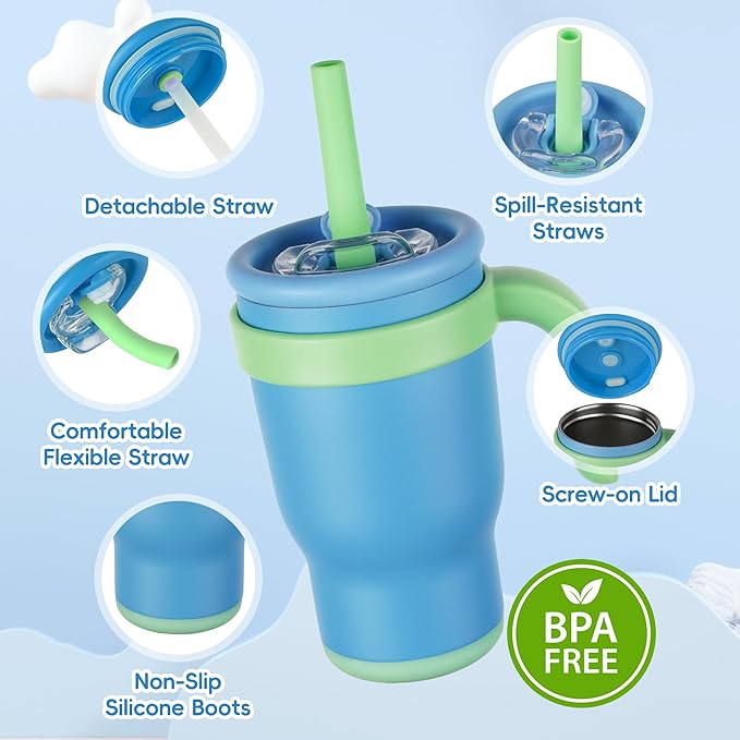 14oz Toddler Sippy Cup Vacuum Insulated Stainless Steel Kids Cup with Handle, Spill-Proof Straw, Leak-Proof Travel Cup for Home or On-the-Go