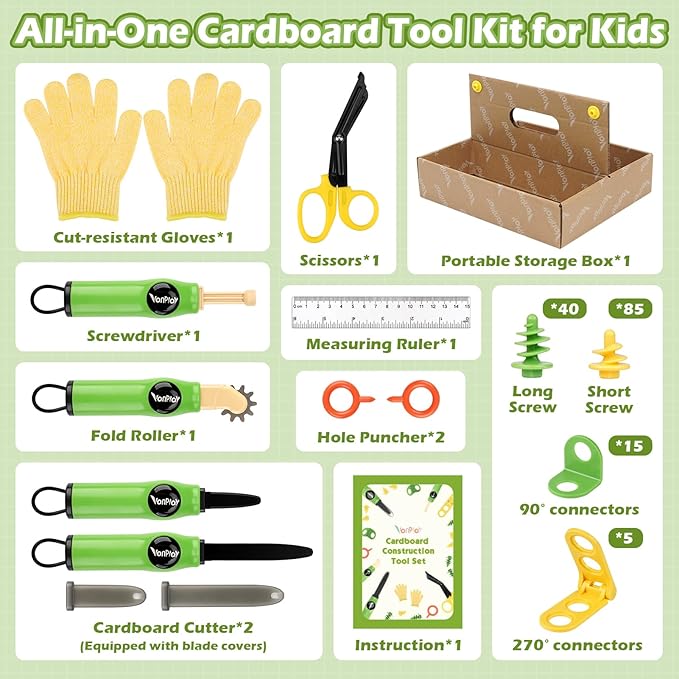 Vanplay Cardboard Cutter for Kids - Cardboard Tools for Kids, Cardboard Cutting Tool Set with Fold-Roller & Gloves, STEM Educational Construction Toys Gift for 5-9 Year Old Boys Girls