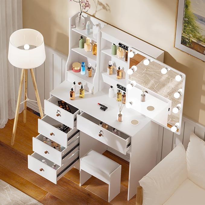 Vanity Set with Mirror and Lights, Vanity Table with Stool, Lighted Mirror 10 Dimmable Bulbs, 6 Drawers, Makeup Vanity Desk for Girls, White Bedroom Dressing Table