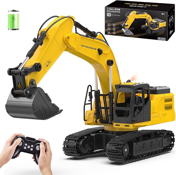 1:18 Metal RC Excavator Toy for Kids | 11-Channel Remote Control Construction Vehicle with Water Spray, Lights & Sounds, Dual 100-Min Batteries, 2025 New STEM Engineering Toy Gift for Boys Ages 6-12