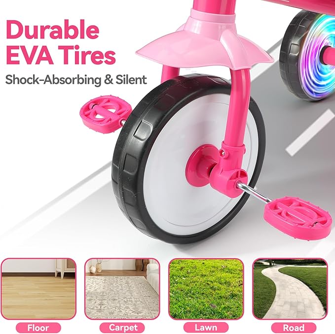 Liberry Toddler Tricycle Age 2 3 4 Years Old, Kids Trike with Light Up Wheels, Removable Pedal and Basket, 3 Wheel Bike Outdoor Indoor Riding Toy Gift for Girls Boys, Pink