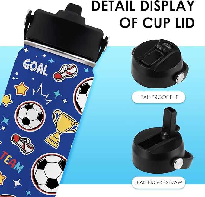 Soccer Gifts for Kids - 16 Oz Kids Water Bottle with Straw Lid, Stainless Steel Insulated Tumbler, Leak Proof, BPA-Free, for Girls, School, Travel - Soccer Lovers Children Birthday Gifts Cups(1pc)