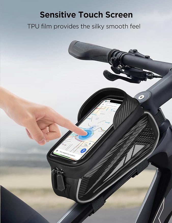 Bike Phone Holder Bag, EVA Waterproof Bicycle Front Frame Bag, Bike Accessories Cycling Pouch with Sensitive TPU Touch-Screen, Bicycle Phone Mount with Rain Cover for Phone under 6.5"(Sliver,6.5 inch)