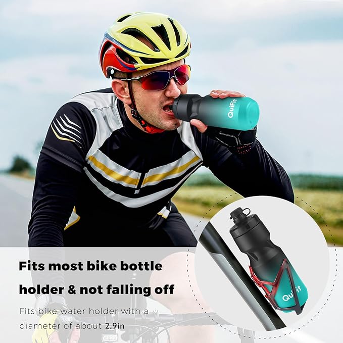 QuiFit Water Bottle for Bike 2-Pack, 24oz Squeeze &Plastic Water Bottles BPA Free, Lightweight Bike Accessories, with Dirt Cap, Fits Most Bicycle Holders (Black White+Black Green, 24 oz)