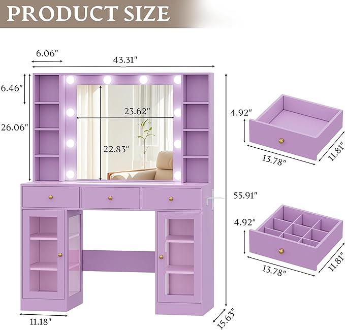 Makeup Vanity Desk with Mirror and Lights, Purple Vanity with Glass Top, LED Lights & Power Outlet, 3 Drawers & 2 RGB Glass Cabinets, Adjustable Lighted Dressing Table for Women & Girls Bedroom