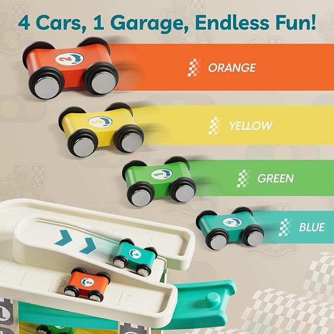 TOP Bright Toddler Wooden Race Track Car Ramp Toys for 1 2 Year Old Baby Motor Skills Race Tracks Car Ramp Vehicle Playsets with 4 Mini Cars and 1 Car Garage