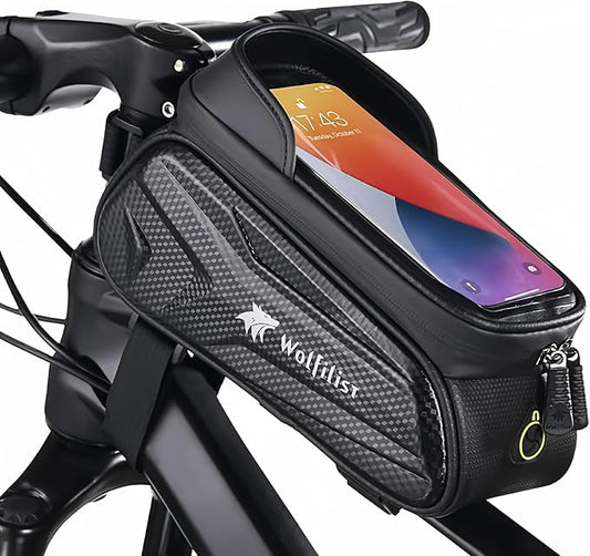 Bike Bag - Waterproof Bike Frame Bag with Sun-Visor Rain Cover, Bike Phone Holder with TPU Sensitive Touch Screen, Handlebar Bag Bicycle Accessories, Large Capacity Suitable Phone Under 7"