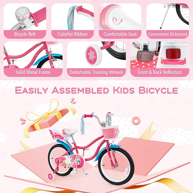 BABY JOY Kids Bike, 12 14 16 18 Inch Children Bicycle w/Detachable Training Wheels, Storage Basket, Adjustable Seat & Handlebar, Bow or Streamer, Girls Bike for 3-8 Years Old