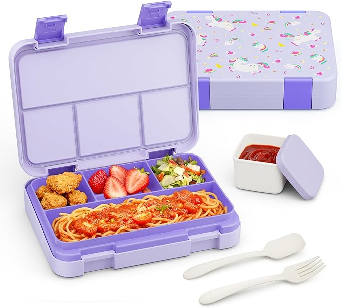 Bento Lunch Box for Kids, 4 Compartments Kids Leak Proof Back to School Bento Lunch Boxes Food Containers for School, Travel, On-the-Go Meal, Food Grade, Microwave, Dishwasher Safe