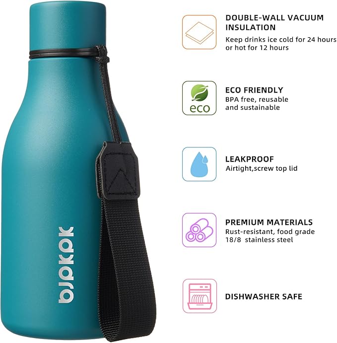 BJPKPK Insulated Water Bottles, 12oz Stainless Steel Metal Water Bottle with Strap, BPA Free Leak Proof Thermos, Mugs, Flasks, Reusable Water Bottle for Sports & Travel, Lake Blue