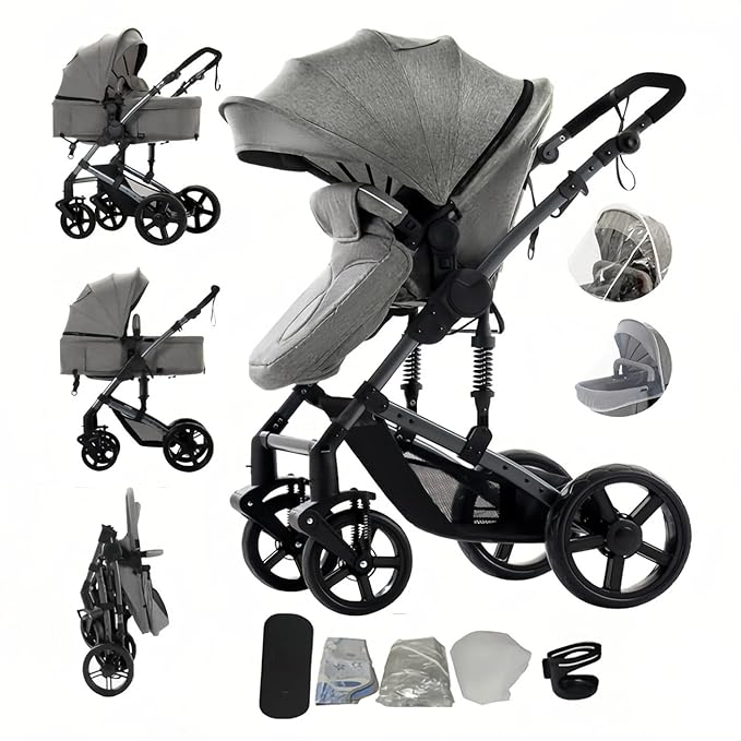 2 in 1 Baby Stroller with Bassinet Mode, Reversible Infant Buggy, Newborn Travel Stroller, One-Click Folding, Convertible Toddler Standard Pram Carriage (2US588-GREY)