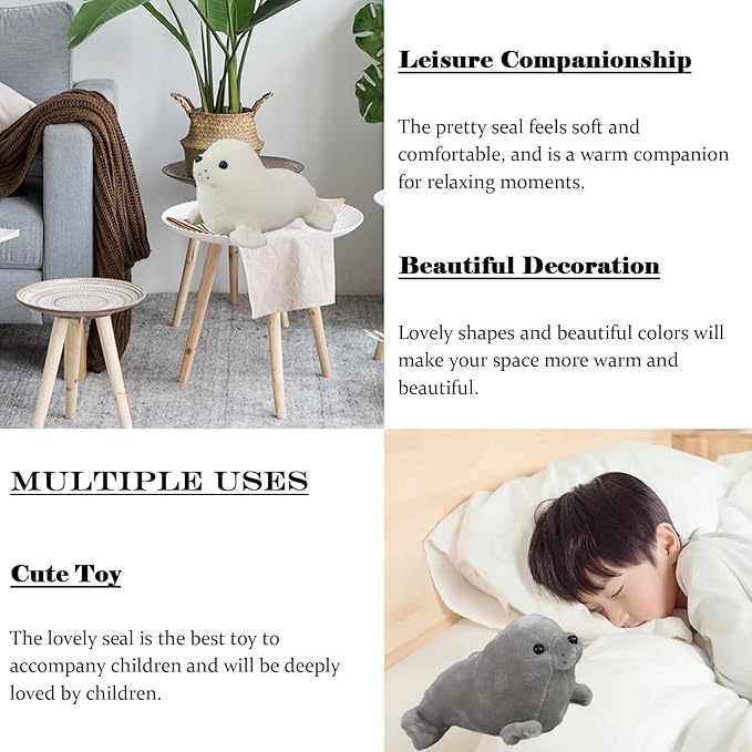 Seal Plush Stuffed Animal Grey Cute Toy Pillow Kawaii Doll for Kids, 11.8 inch