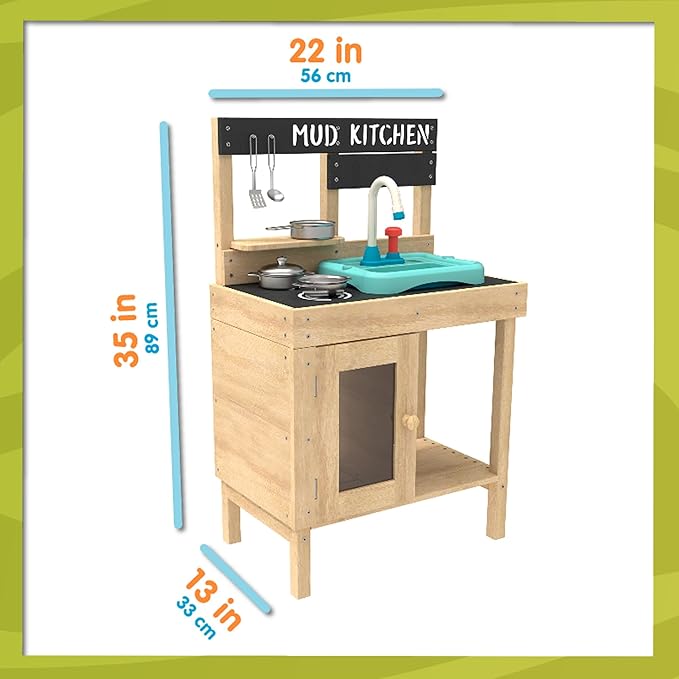 Mud Play Kitchen For Kids - Indoor, Outdoor Toddler Toys Wooden Kitchen Playset w/ Accessories, Sink with Faucet, Durable, Weatherproof, Chalkboard, Wood Burner Stencils, Easy Assembly, Age 3+