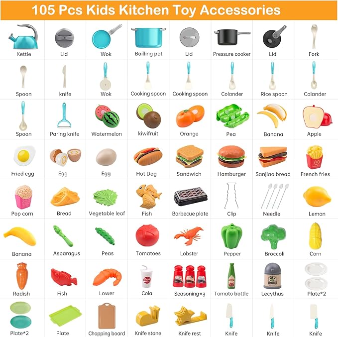 105Pcs Kids Kitchen Toy Accessories, Toddler Pretend BBQ Camping Cooking Playset, Play Pots, Pans, Utensils Cookware Toys, Play Food Set, Vegetables, Learning Gift for Girls Boys (Turquoise)