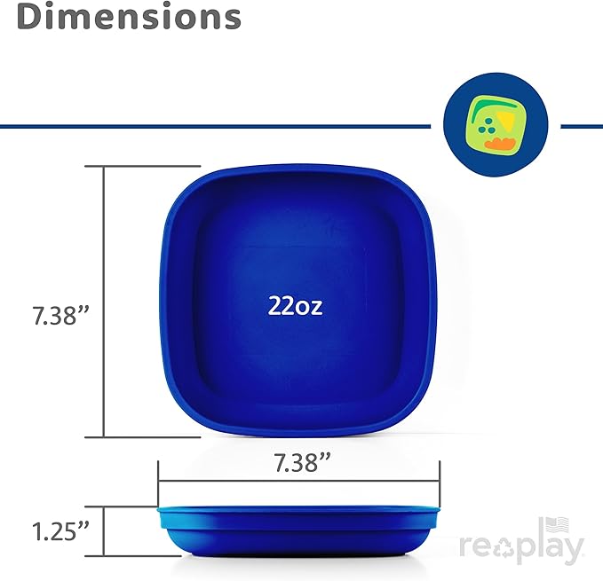 Re-Play Toddler Plates - 22 Oz. Deep-Walled Flat Kids Plates - Dishwasher & Microwave Safe - Made in USA - Set of 4-7.37" x 7.37" x 1.25" - A True Blue