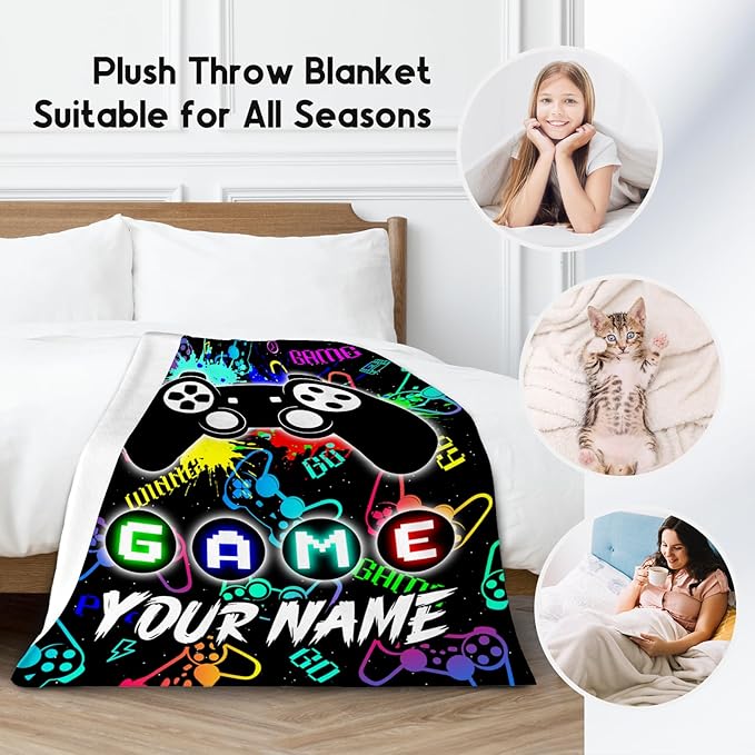 UNIKITTY Custom Kids Blankets for Boys, Gaming Blanket Gifts for Men Adults, 50"x60" Game Accessories Gift Ideal for Teens, Personalized Flannel Fuzzy Throw Gamer Room Decor for Couch Office Bed