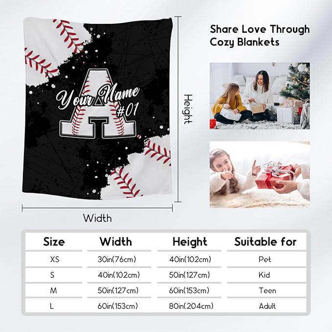 Personalized Baseball Blanket - Custom Initial Name Gifts for Boys - Soft Sports Flannel Throw for Teens Son - 50x60 Inches Large Blanket - Cool Ideas Decoration for Baseball Lovers