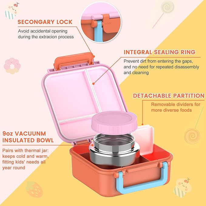 Bento Lunch Box for Kids with 9oz Thermo, Leak-proof Containers with 3 Compartments, Recommended Serving Sizes for Kids,Durable&Dishwasher Safe Lunch Box for School Outdoors-Orange
