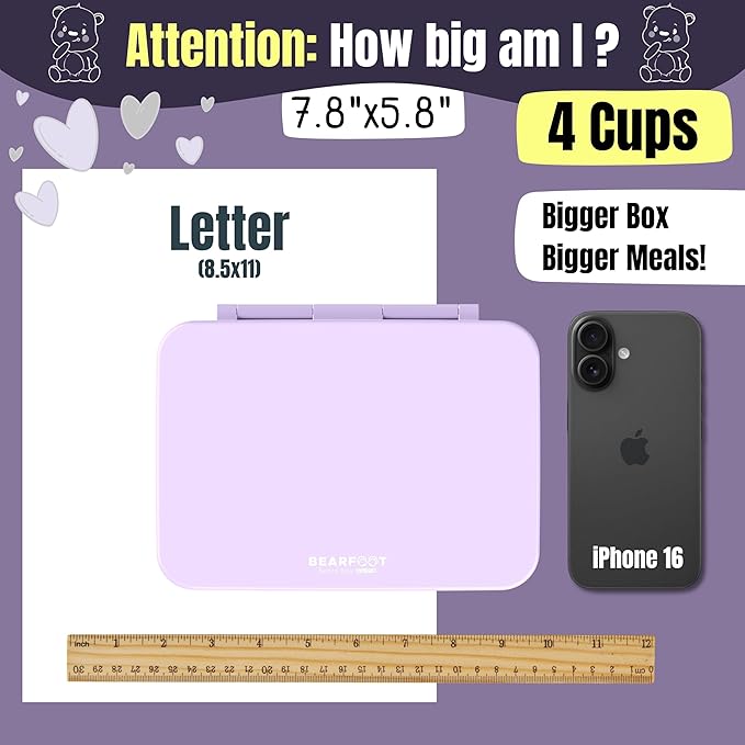 BEARFOOT Kids Lunch Box with Compartments – Compact & Lightweight | Leak-Proof, BPA-Free, Dishwasher & Microwave Safe | Hand-Drawn Design for Preschool, School, Travel (Purple, 4 Cups)