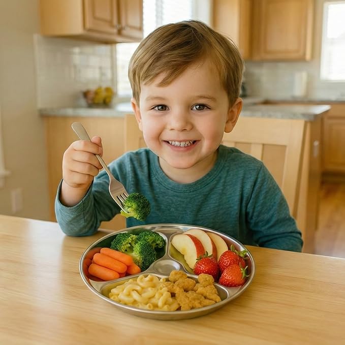 Korean Stainless Steel Divided Round Plates, Little Kids Toddlers Babies Tray, BPA Free, Diet Control, Camping Dishes, 8 Inch Compact Serving Platter, 3 Compartment Plate, Set of 2