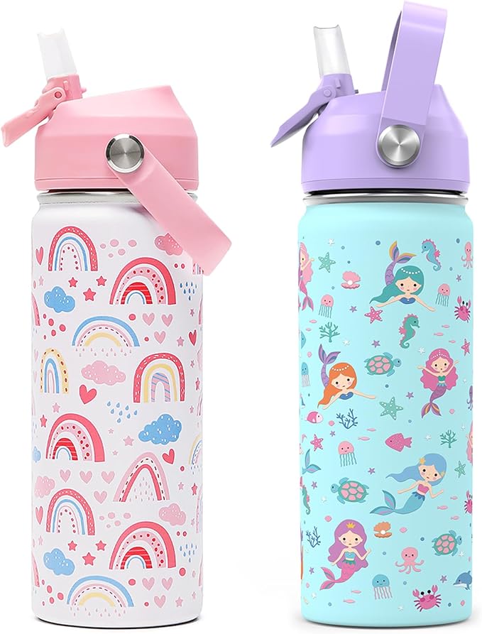 18oz Kids Insulated Water Bottle with Straw Lid - 18/8 Stainless Steel Kid Cup Travel Tumbler Double Wall Vacuum Leak Proof Portable Toddler Water Bottle (Rainbow + Mermaid)
