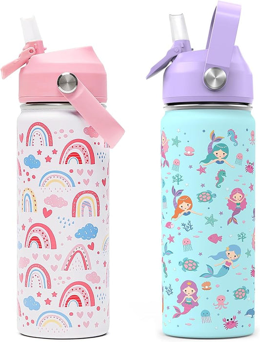 18oz Kids Insulated Water Bottle with Straw Lid - 18/8 Stainless Steel Kid Cup Travel Tumbler Double Wall Vacuum Leak Proof Portable Toddler Water Bottle (Rainbow + Mermaid)