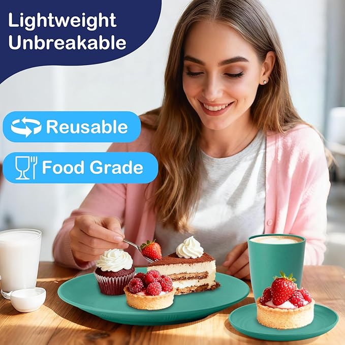 Wheat Straw Dinnerware Sets 40 PCS Unbreakable Dishes Set for Kitchen, Outdoor, Camping Dishes Plates and Bowls Sets with Cups, Dessert Plates, Dishwasher & Microwave Safe - Green