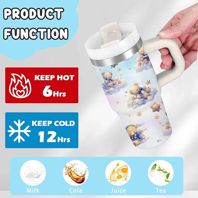 Bear Gifts - 14 Oz Cartoon Kids Tumbler with Handle and Straw, Stainless Steel Insulated Water Bottle,for Boys Girls, School, Travel - Cute Bear Themed Children Birthday Gift Cup(1pc)