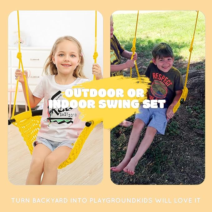 JKsmart Swing Seat for Kids Heavy Duty Rope Play Secure Children Swing Set,Perfect for Indoor,Outdoor,Playground,Home,Tree,with Snap Hooks and Swing Straps,440 lbs Capacity, Yellow