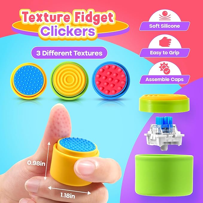 Sensory Fidget Toys for Kids Adults: 3 Pack Textured Fidget Clickers for Anxiety Relief, Sensory Toys for Autism ADHD Kids Calming, Button Fidget Toys for Office, Classroom Prizes, Stocking Stuffers
