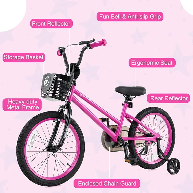 BABY JOY Starry Kids Bike, 12 14 16 18 Inch Bicycle with Training Wheels, Storage Basket, Adjustable Handlebar & Seat, Handbrake & Coaster Brake, Girls Boys Bike