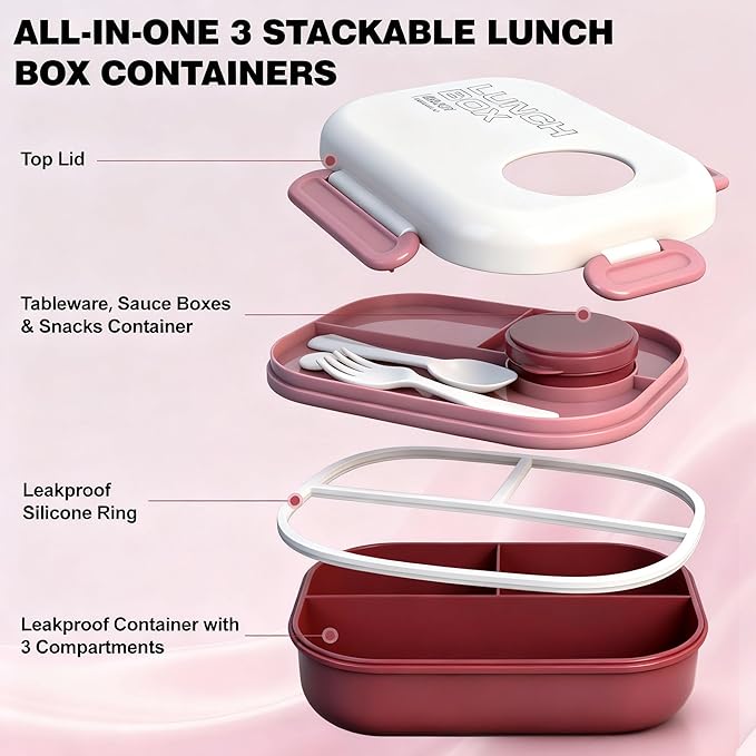 Lunch Box for Women & Adults - Kid-Friendly 37.2oz 3-Compartment Bento Box with Thick Insulated Lunch Bag, Leak-Proof with Sauce Container, Built-in Utensil Set, Dishwasher Safe (Claret)