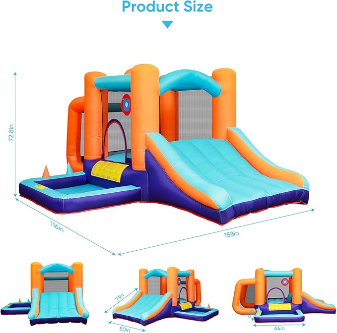 TABU Inflatable Bounce House with Slide, Kids Bounce Castle for Indoor Outdoor Play, Jumping Castle with Air Blower, Ball Pit Pool, Basketball Hoop & Football Goal, for Kids Aged 3-8 (158x116x72.8IN)