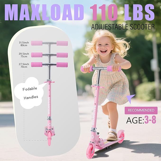 Kick Scooter for 3+Years Old Boys & Girls Lightweight, Foldable, Aluminum Frame, and Adjustable Handlebars, Rear Brake, and Flashing Light up Wheels