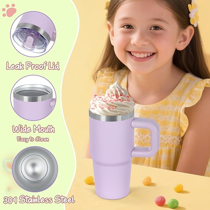 Cosictic 14 Oz Flip Straw Tumbler with Handle for Kids, Stainless Steel Double Wall Insulated Cup for Children with Flip Top Lid, 14 Oz Leak-proof Cups for Kids, Purple