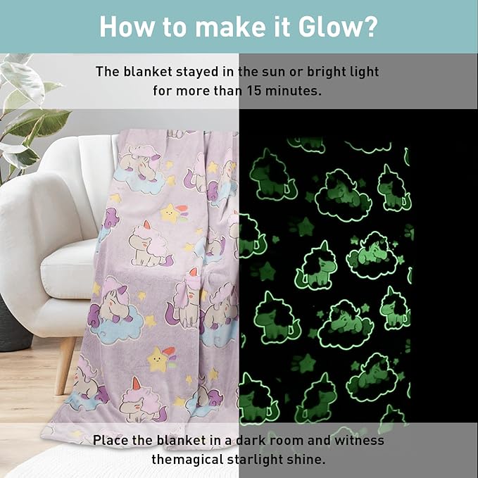 Glow in The Dark Blanket Unicorn Pattern for Unique Birthday Gifts for Girls Boys Teens, Lightweight Soft Cozy Warm Fuzzy 60"×80" Purple