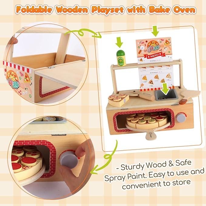 Wooden Pizza Toy Set for Kids, 68PCS Montessori Pretend Play Food Toys, Wooden Pizza Counter Playset with Bake Oven & Toy Dishes, Develop Imagination, Ideal Gift for Boys & Girls Aged 3+