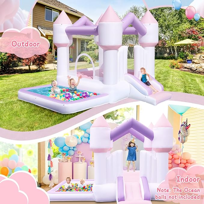 Inflatable Bounce House for Kids, White Bounce House with Slide, Jumping Bouncy Castle for Kids Birthday Party, Wedding, Backyard Indoor/Outdoor Purple (with Blower)