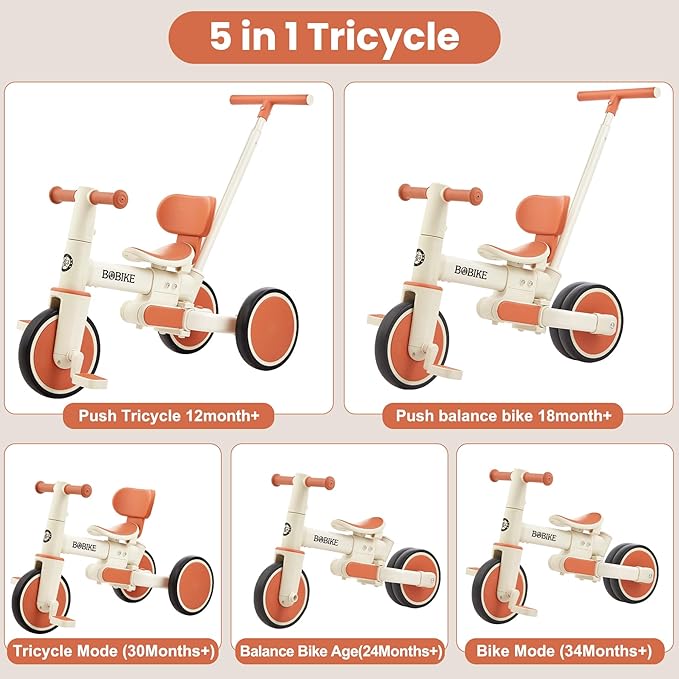 Toddler Bike with Push Handle,Tricycles for 18 Months to 5 Years Old, Toddler Tricycle with Push Handle for Boy Girl, Baby Balance Bike with Adjustable Seat Height and Removable Pedal (White)