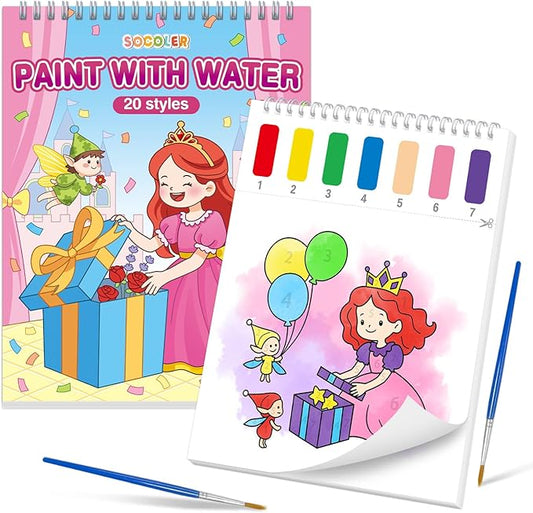 Paint with Water Coloring Books for Toddlers,Princess and Party Theme Mess Free Watercolor Painting Papers for Kids Water Color Paint Kit Art Craft Birthday Gift for Ages 1-3, 4-8